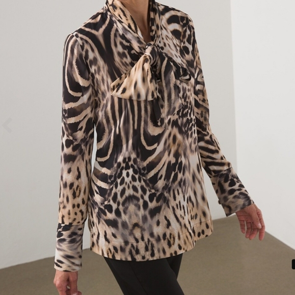 Chico's Black Label Chiffon Animal Print Scarf Blouse NWT Size M - Picture 3 of 12
